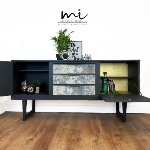 Refurbished mcm sideboard handprinted in dark grey with concrete effect decoupage, drinks cabinet, retro, mid century modern, dresser