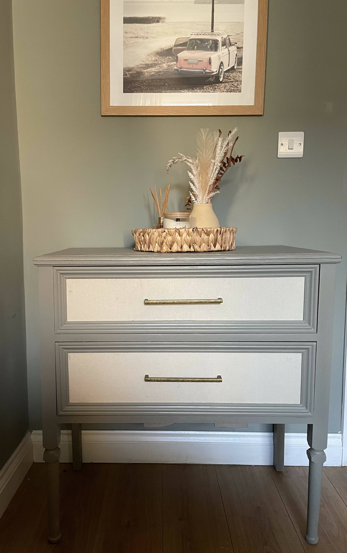 Mushroom Green Console with Hessian Drawers