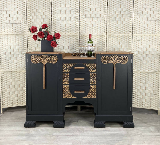 Art Deco Carved Sideboard/Buffet in Oak and Black