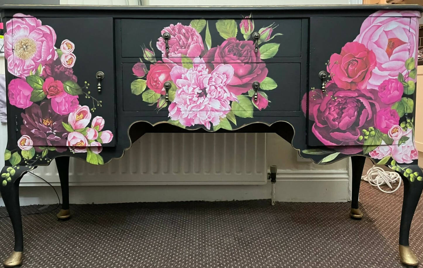 SOLD SOLD Black and Pink Floral Dressing Table / Sideboard