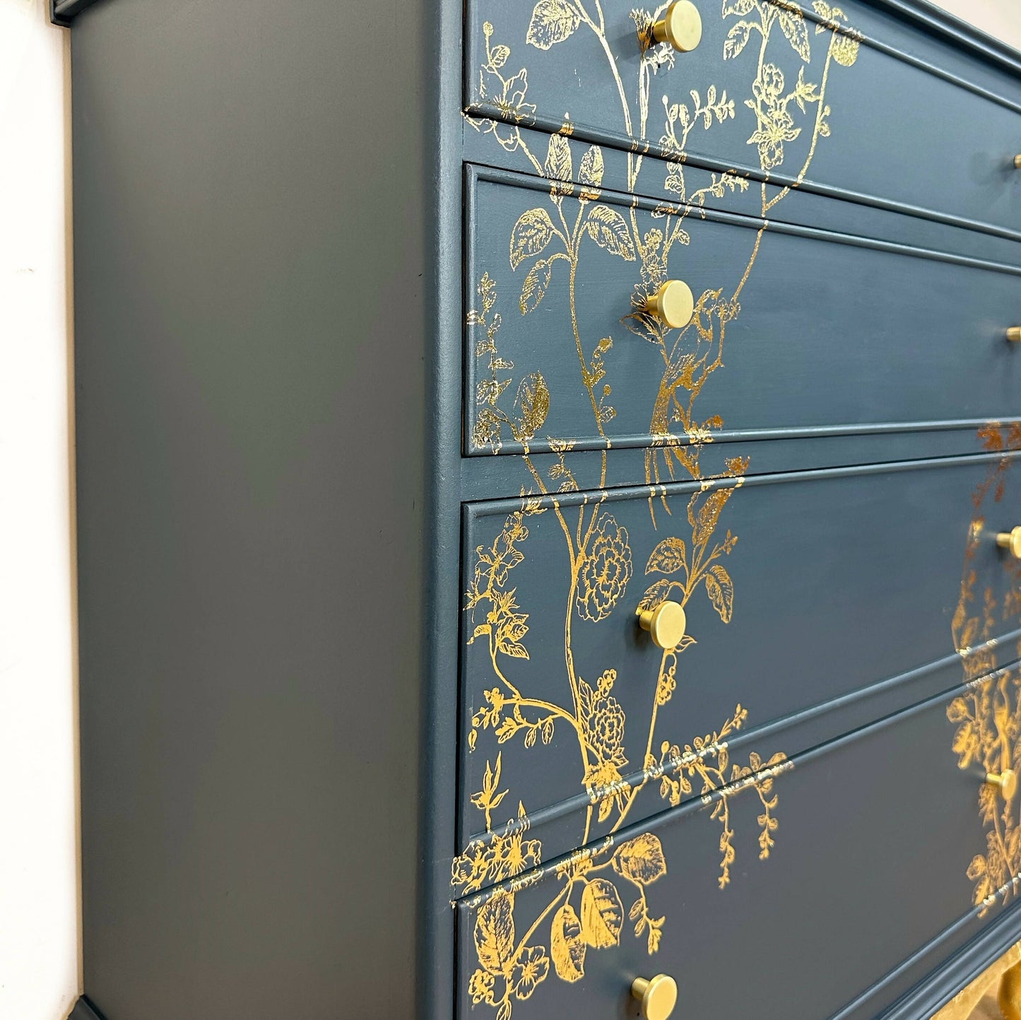 Pretty Refurbished vintage chest of drawers, navy blue with gold foil design