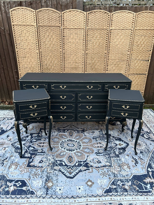 Black Art Deco Bedroom Set / Large Drawers and Two Bedsides