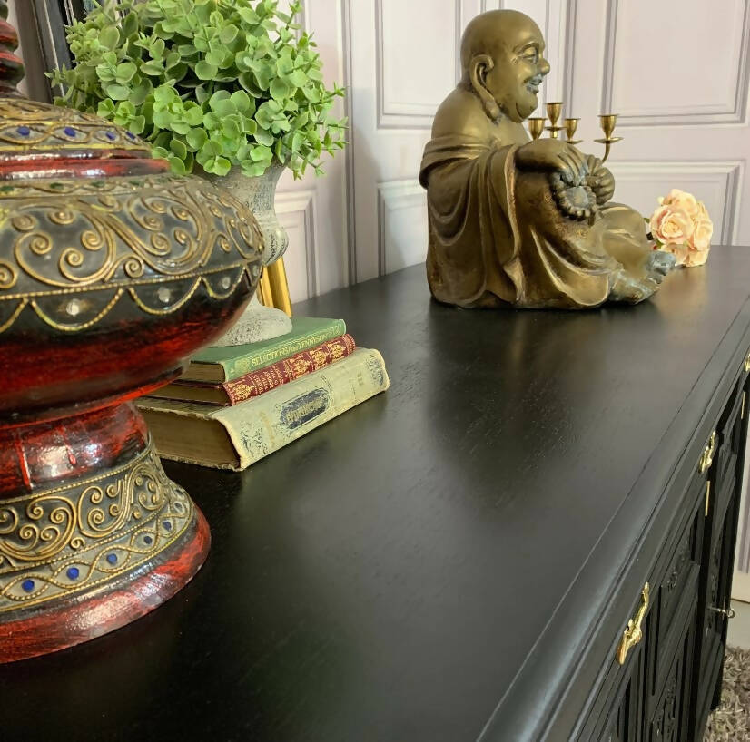 Large Black Antique Carved Sideboard