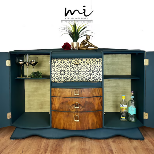 Refurbished vintage burr walnut cocktail cabinet, Art Deco sideboard, drinks cabinet, gin bar, teal, jade - commissions available