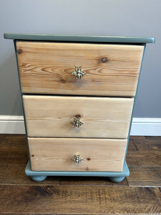 **Now Sold** Bedside 3 draw unit Painted in Serenity Satin,finished with bee handles