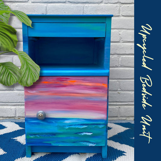 MCM Bedside Cabinet With 1 Drawer, Open Shelf Space And Cupboard, Upcycled in a Beach Theme For Coastal Decor