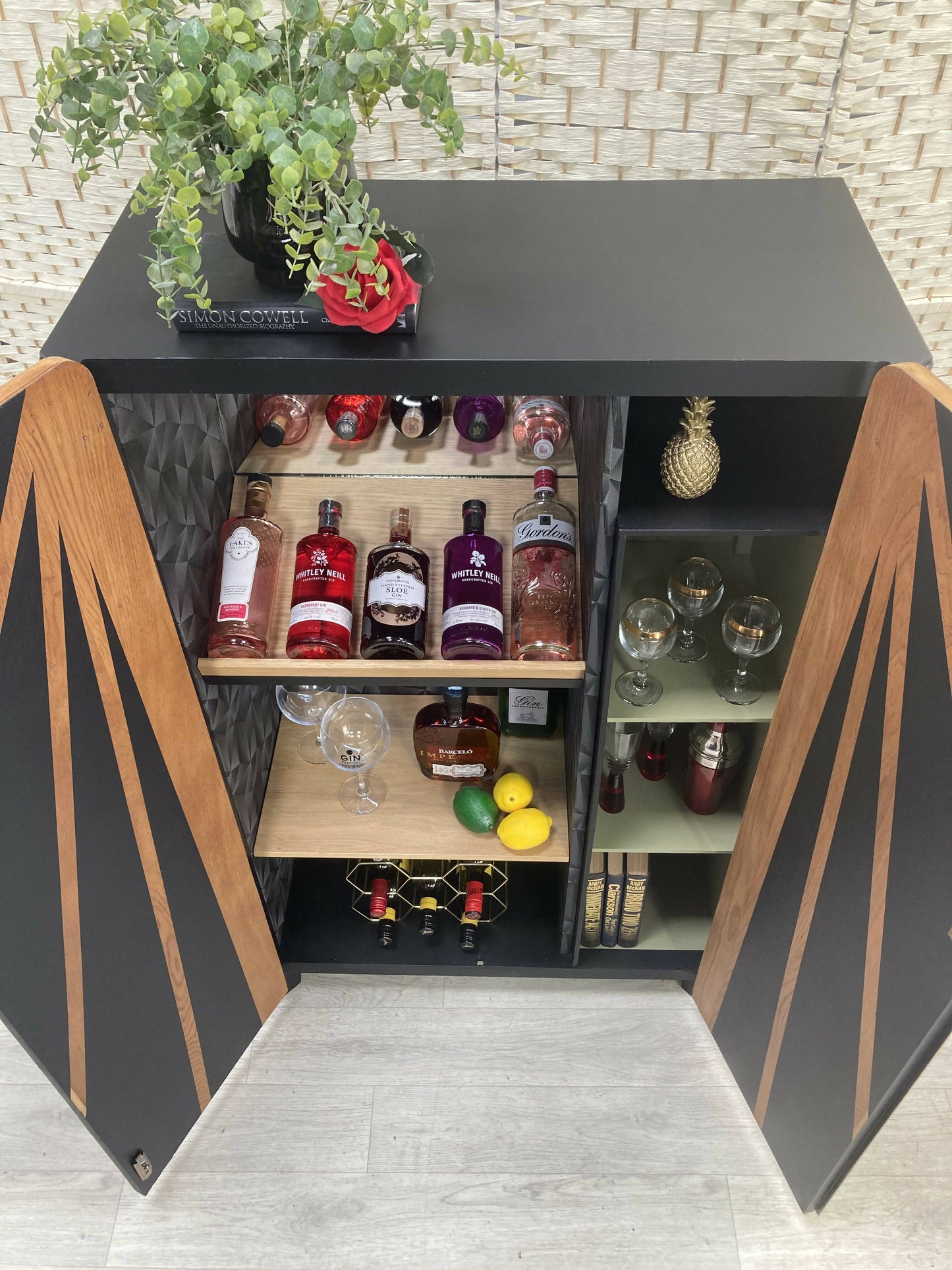 SOLD! Art Deco Style Cocktail, Drinks, Gin Cabinet in Black and Oak