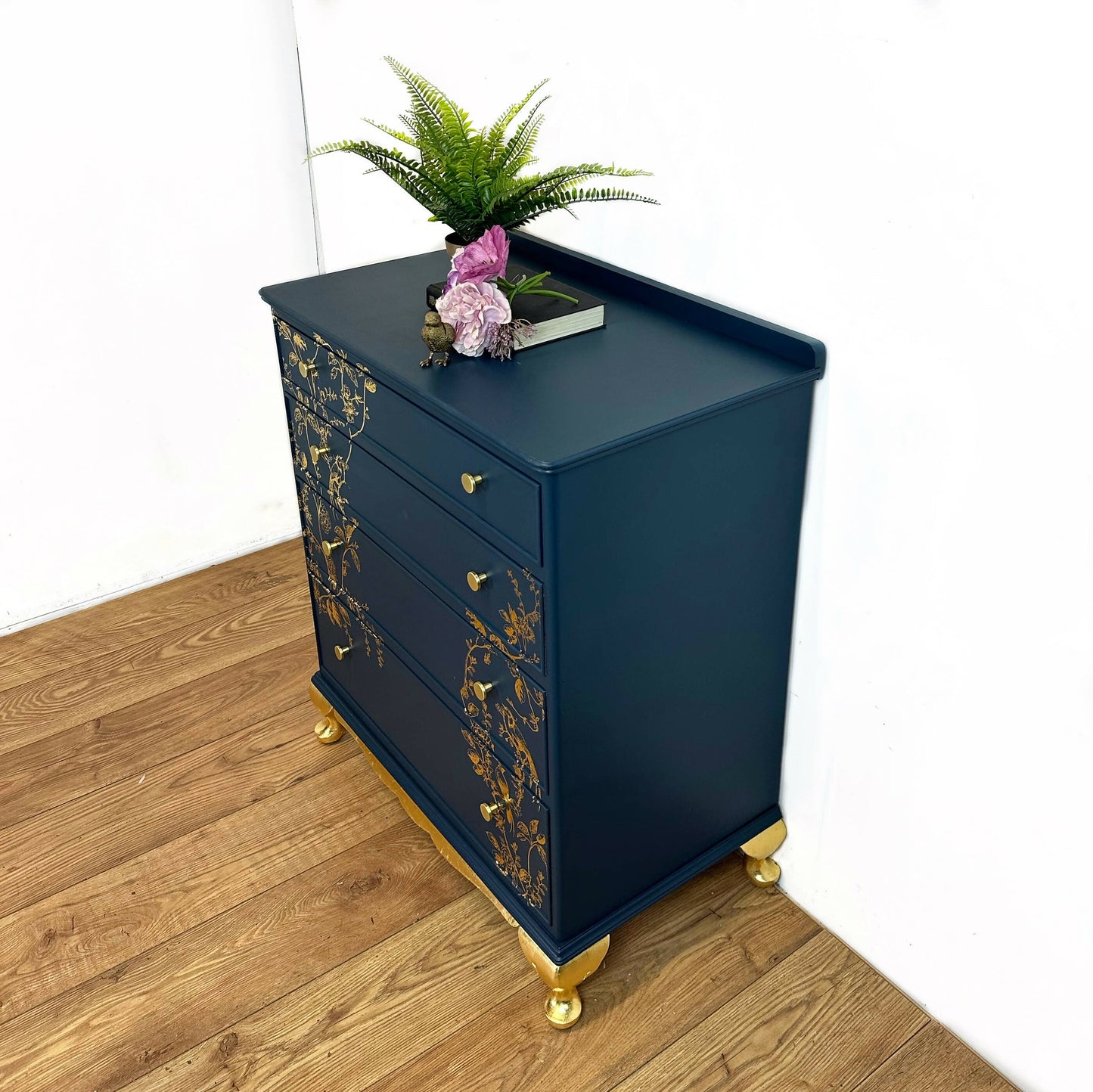 Pretty Refurbished vintage chest of drawers, navy blue with gold foil design