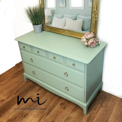 Refurbished Stag Minstrel chest of drawers, textured decoupage, dresser, draws, blue green mint, sideboard - commissions available