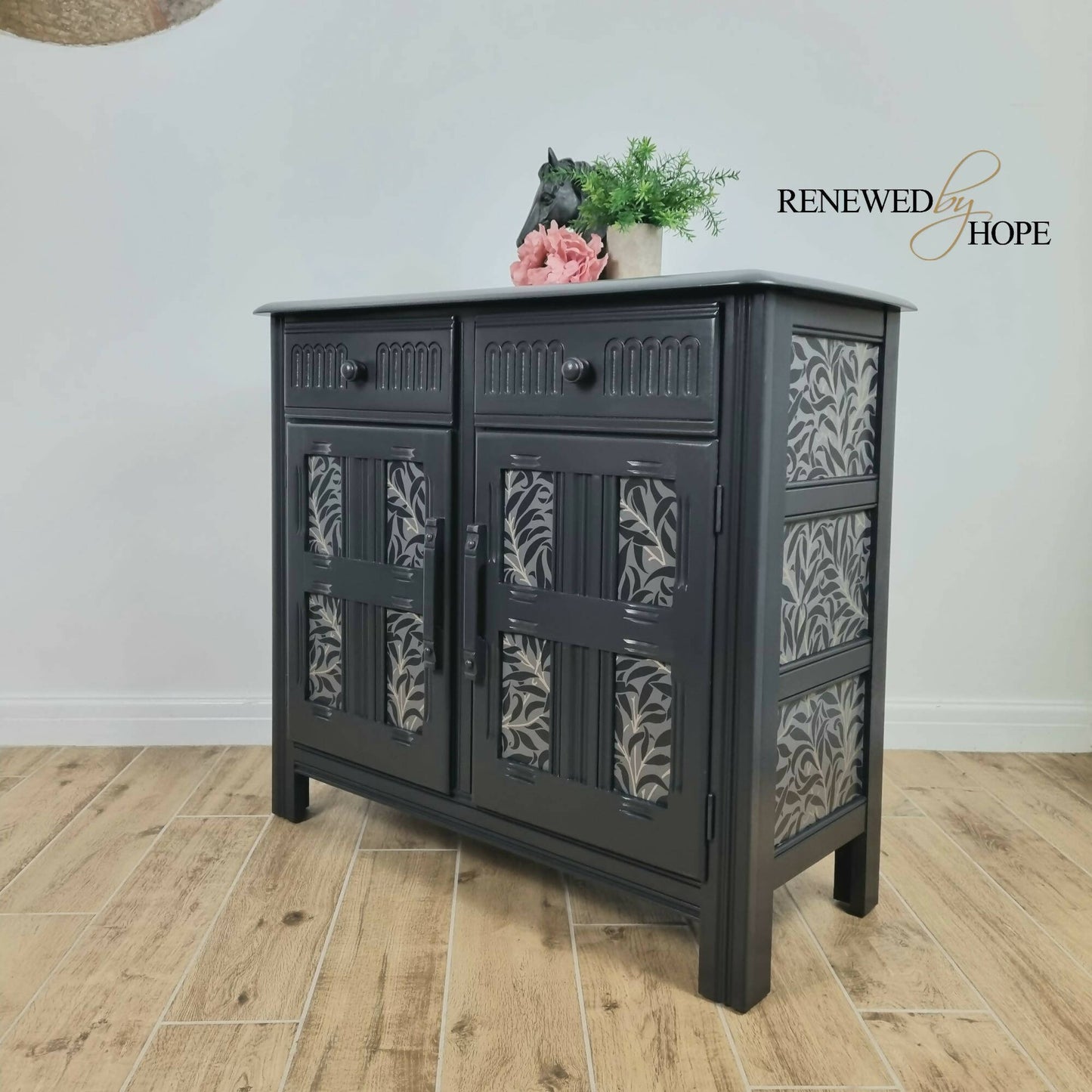 Off Black Sideboard, Decoupaged with Morris paper, Priory Sideboard, Storage MADE TO ORDER