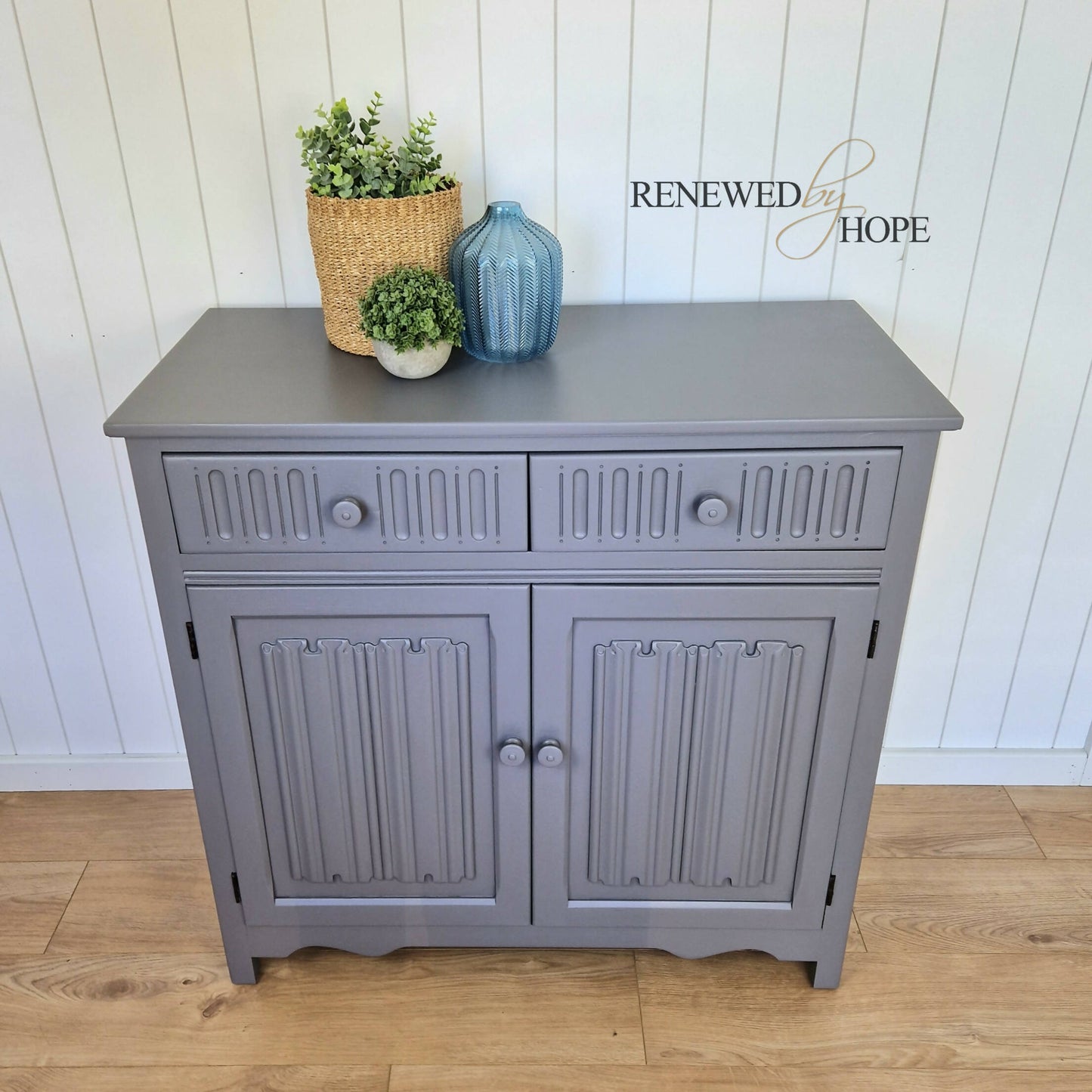 Grey Linenfold Sideboard with Morris Acanthus Wallpaper, Storage, Grey Cupboard