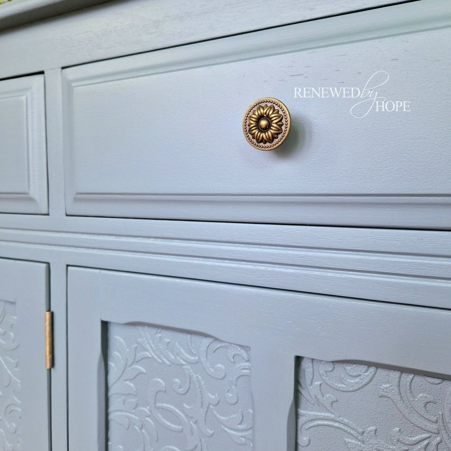 Dusky Blue Antique Panelled Oak Sideboard, with raised pattern detail.