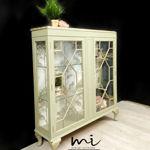 Vintage display cabinet, glass, pale sage green and gold. Drinks cocktail cabinet, sideboard, cupboard - commissions available