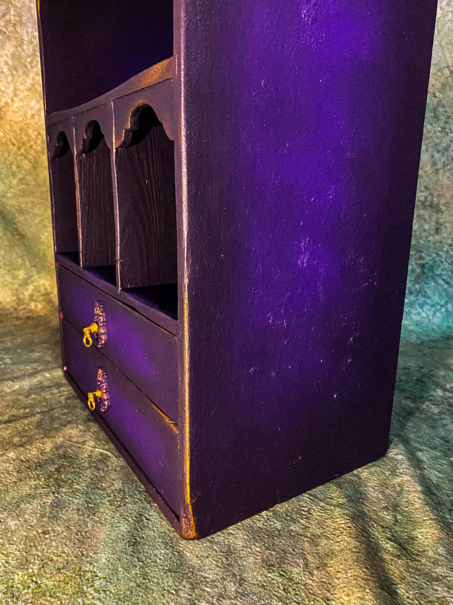 Apothecary cabinet wall mounted display shelf and drawers in purple & pink