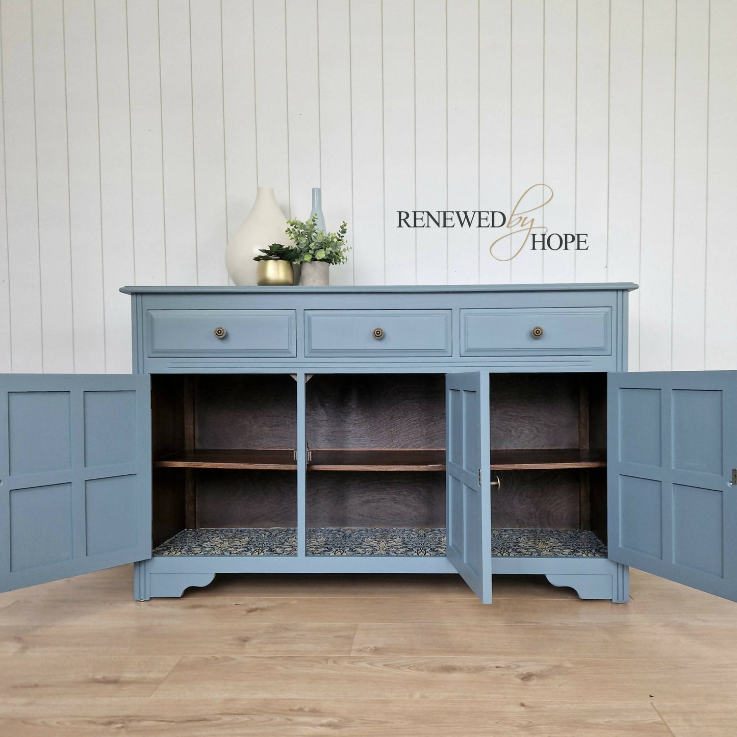 Dusky Blue Antique Panelled Oak Sideboard, with raised pattern detail.