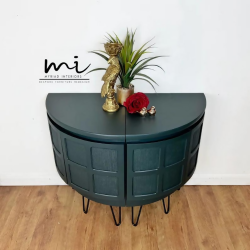 Refurbished mid century modern Nathan sideboard, retro drinks cabinet, TV media cabinet, dark green, decoupaged