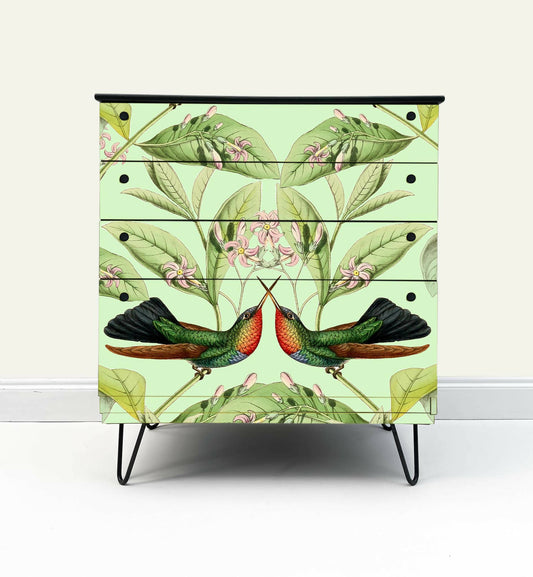 Vintage chest of drawer painted black refinished with bespoke vintage bird design. Hairpin legs and metal knobs. Upcycled vintage chest of drawer painted black