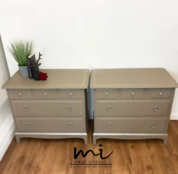 Pair of refurbished Stag Minstrel oversized bedside tables, chest of drawers, nightstands, deep taupe, silver, neutral, mid century modern
