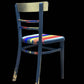 Hand painted school chair with vibrant rainbow stripe seat and gold leaf backrest. Abstract art design.