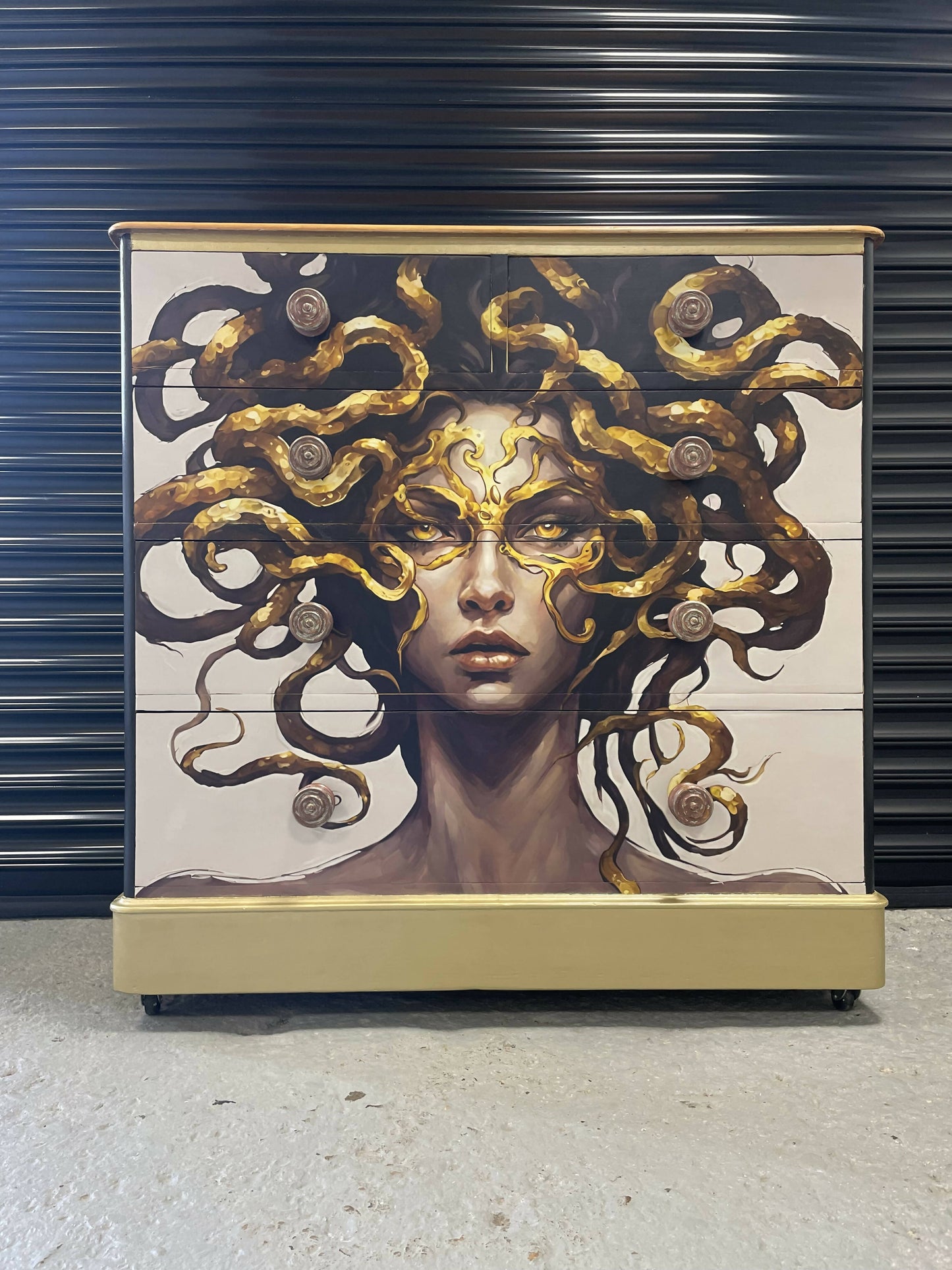 Sold - Magnificent Golden Medusa Mid-Century chest of four drawers