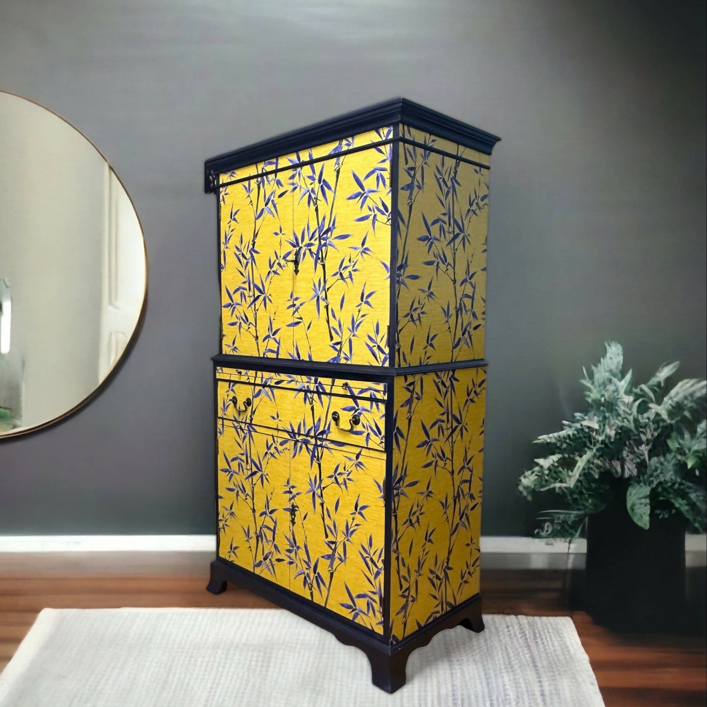 **This Item is Sold** Hand painted cocktail cabinet enrobed in a stunning Japanese style bamboo leaf print.