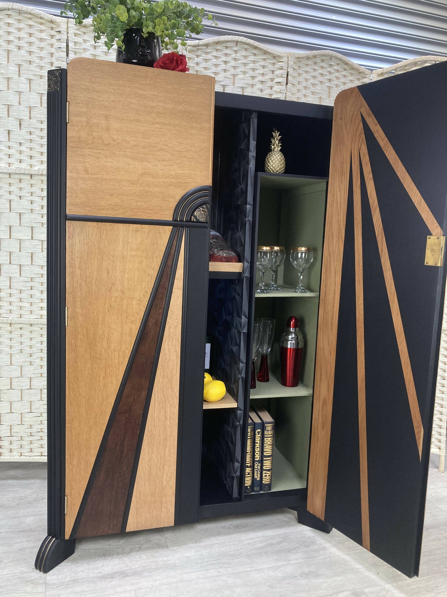 SOLD! Art Deco Style Cocktail, Drinks, Gin Cabinet in Black and Oak