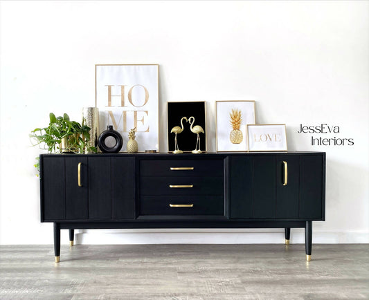 Mid century modern G Plan SIDEBOARD / TV UNIT in black and gold brass