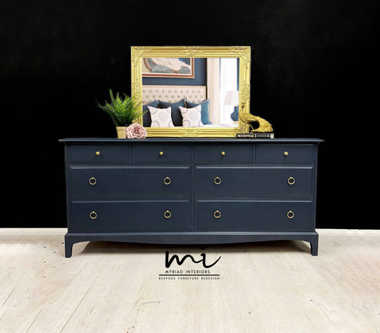 Refurbished vintage Stag Minstrel captains chest, mid century chest of drawers, navy blue dresser, extended large drawers, retro, sideboard