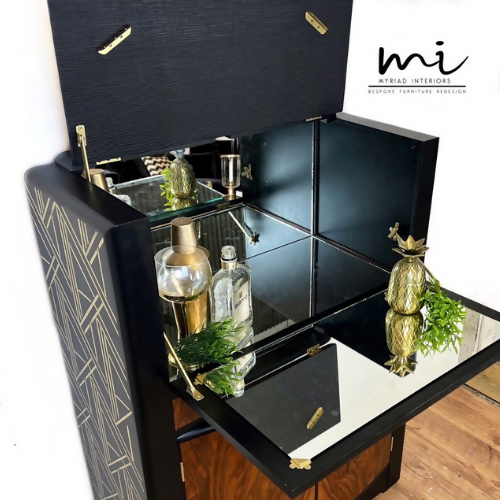 Refurbished Art Deco cocktail cabinet, walnut drinks cabinet, black and gold, gin bar