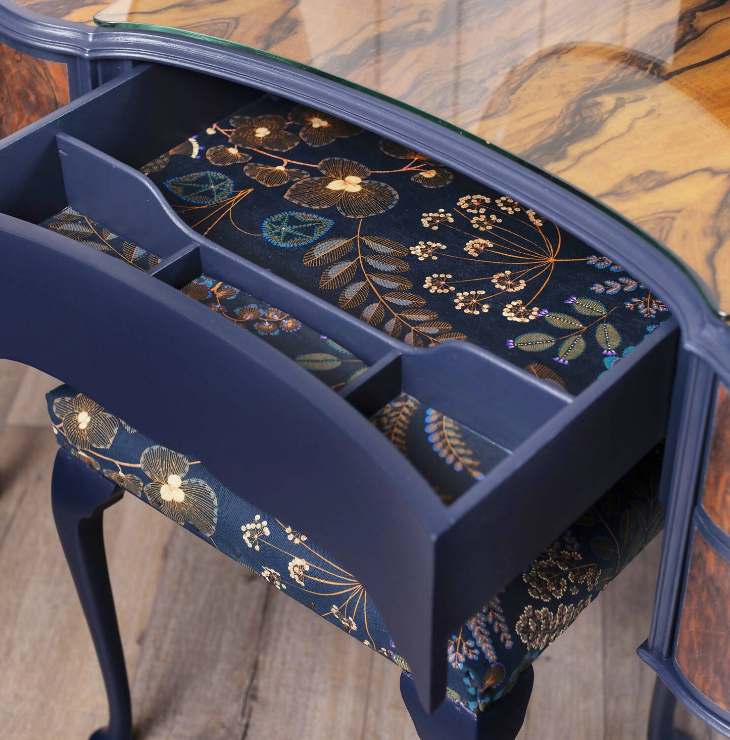 One of a kind blue vintage Queen Anne stye dressing table decoupaged in a stunning Verbena Kew Gardens fabric. Sold, commission available.