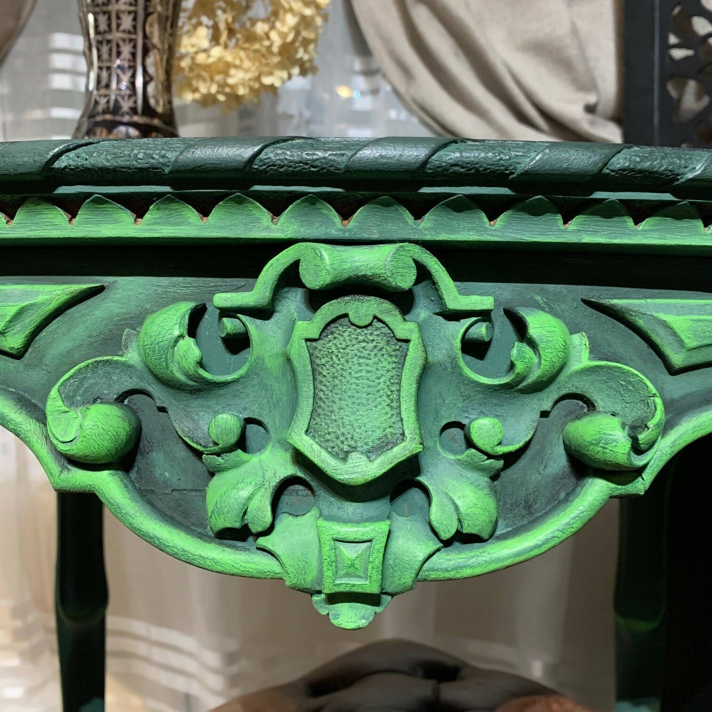 French Antique Occasional Table Oval Table Ornate Carvings Green and Black