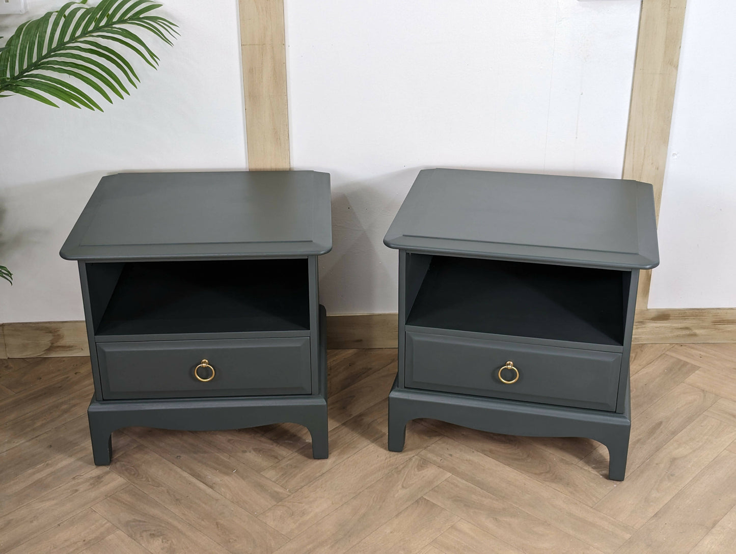 Stag Bedside Tables, spray painted Dark Green Gold bedside drawers, Stag Minstrel nightstands