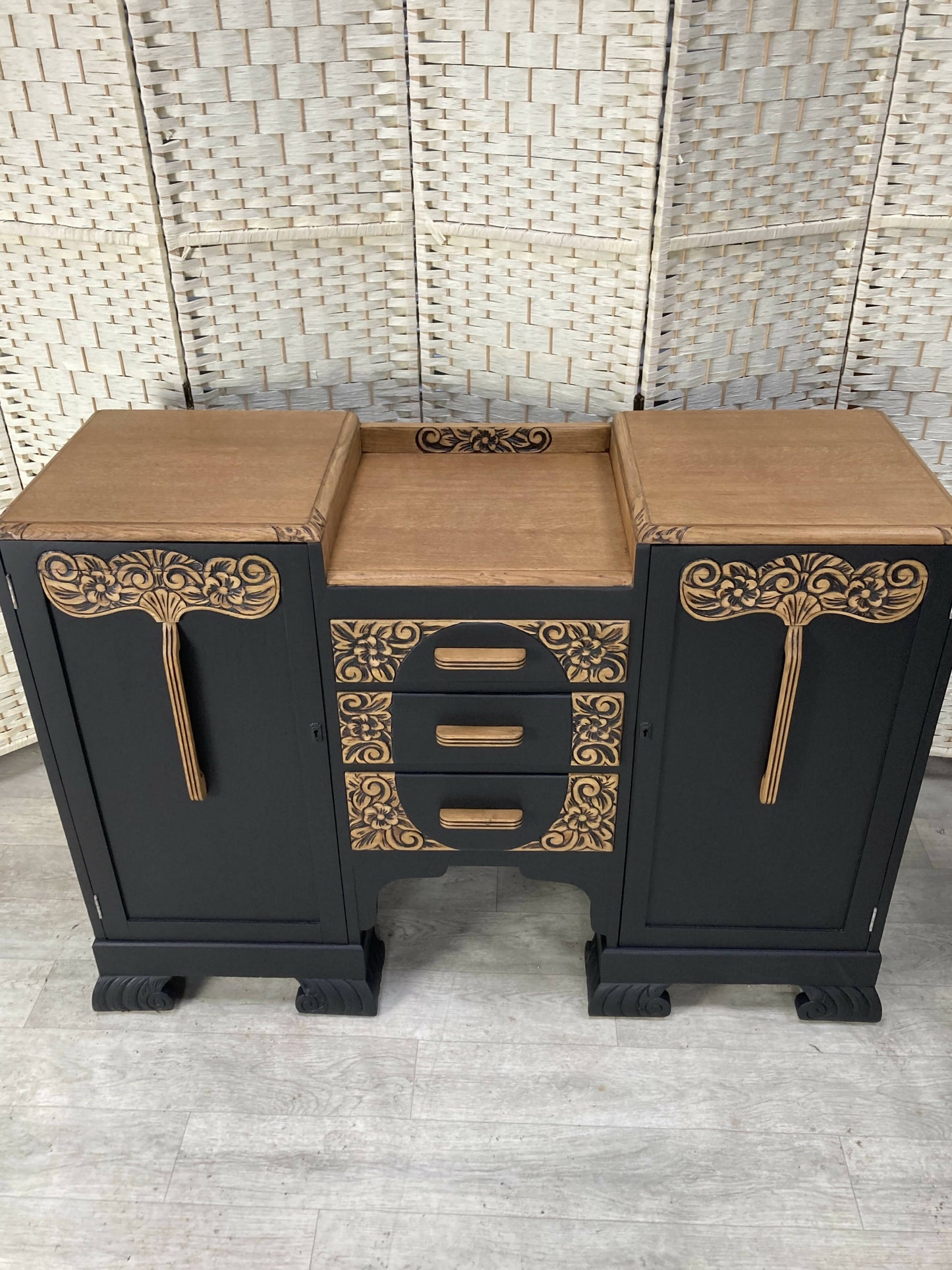 Art Deco Carved Sideboard/Buffet in Oak and Black