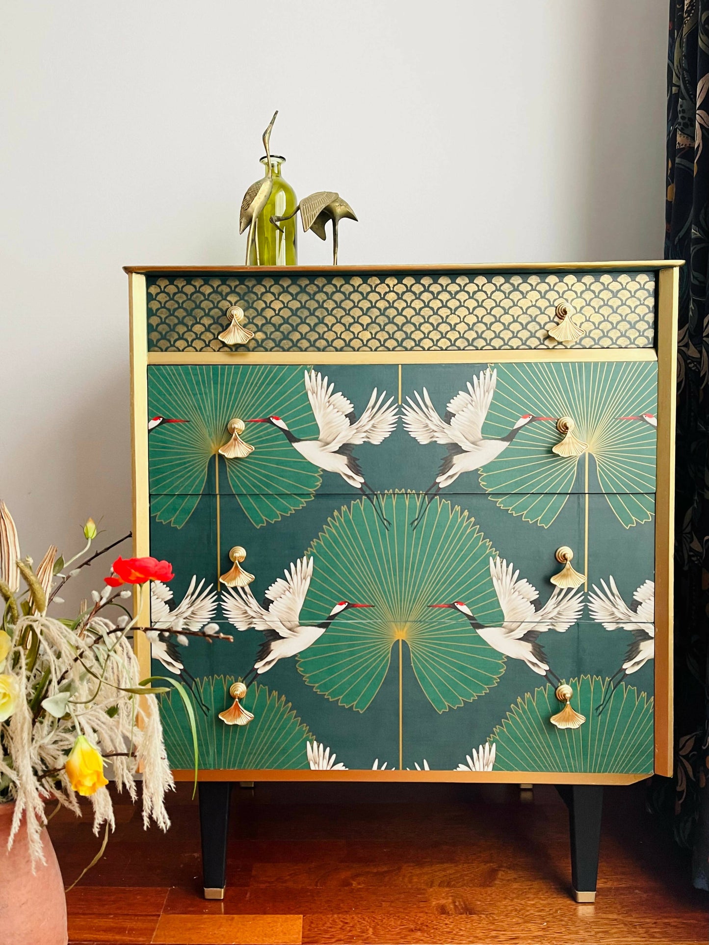 Repurposed Green and Gold Art Deco Chest of Drawers Detailed with Flying Cranes