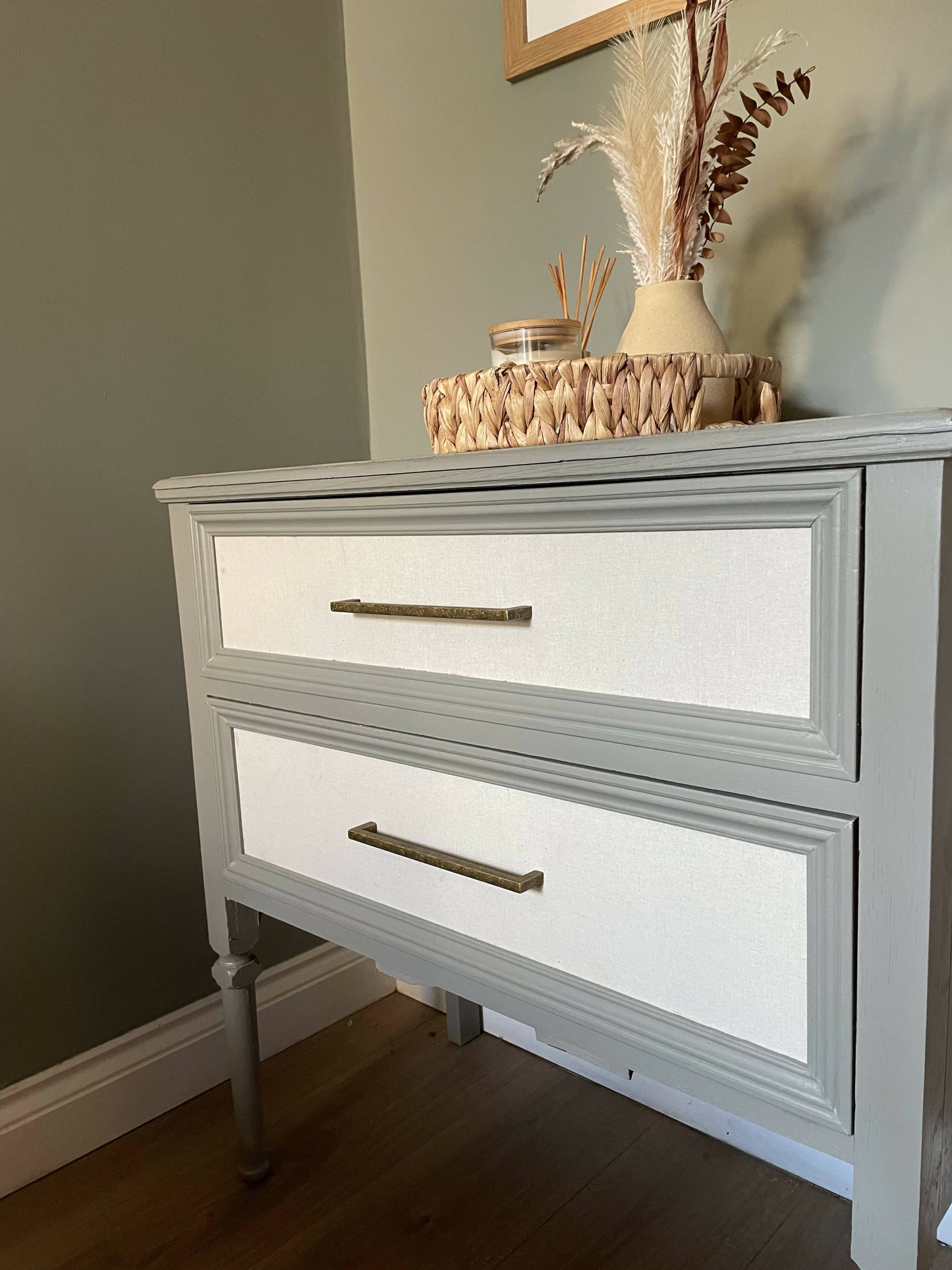 Mushroom Green Console with Hessian Drawers