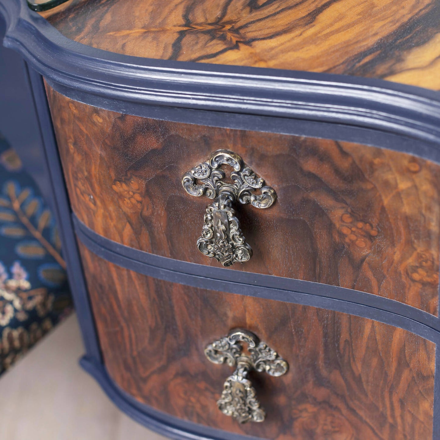 One of a kind blue vintage Queen Anne stye dressing table decoupaged in a stunning Verbena Kew Gardens fabric. Sold, commission available.