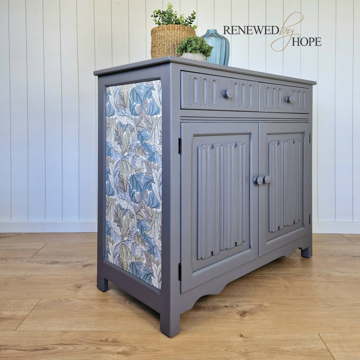 Grey Linenfold Sideboard with Morris Acanthus Wallpaper, Storage, Grey Cupboard