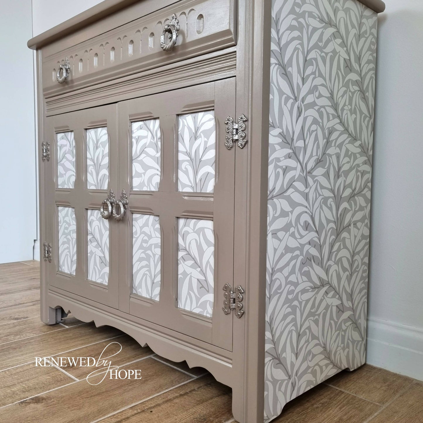 SOLD - Neutral Sideboard, Old Charm Solid Oak Sideboard, Vintage Sideboard, William Morris Willow Bough, Small Hallway Storage Cupboard, Taupe