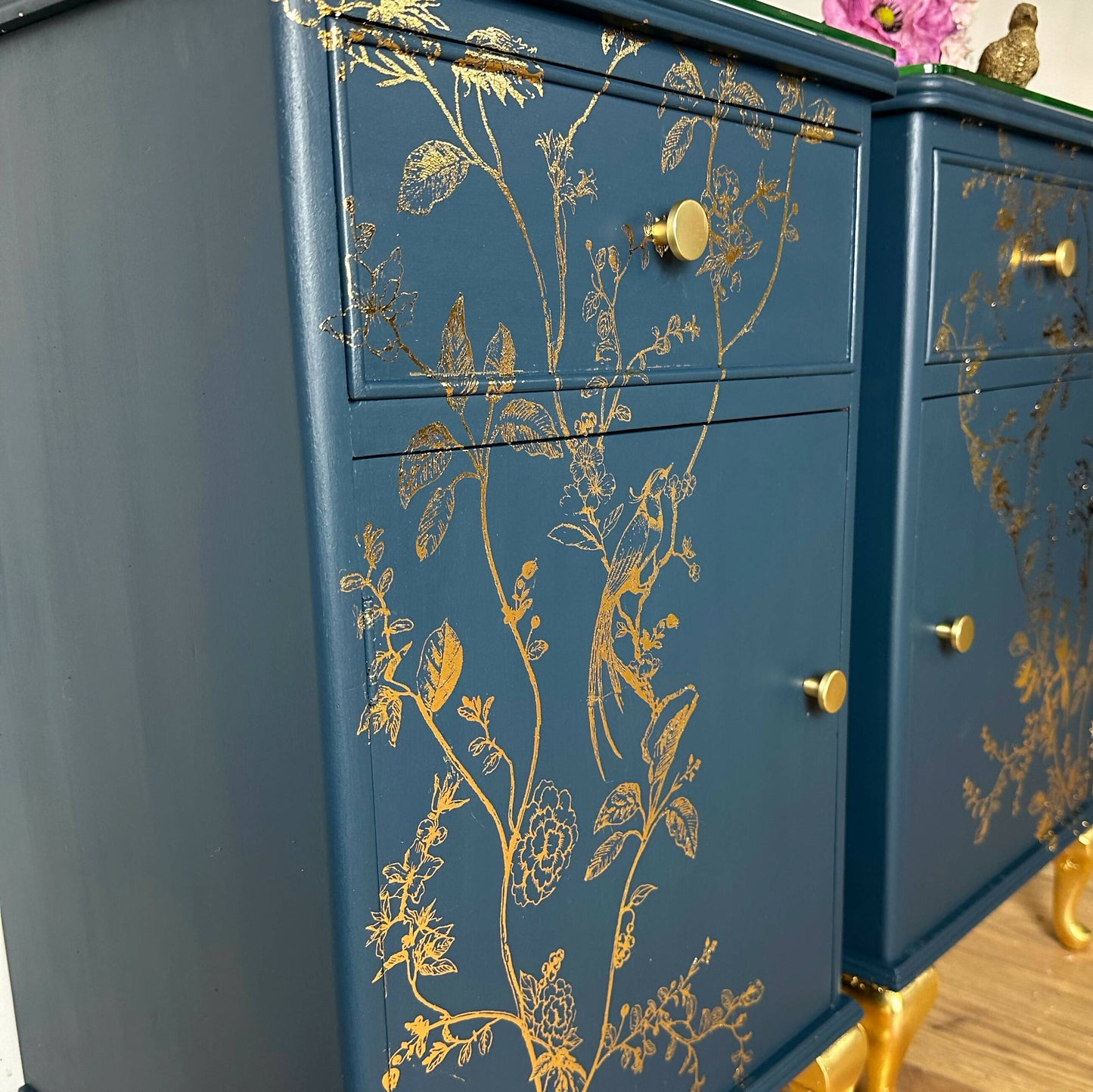 Pretty Refurbished vintage bedside tables, navy blue with gold foil design, bird song, art deco nightstands