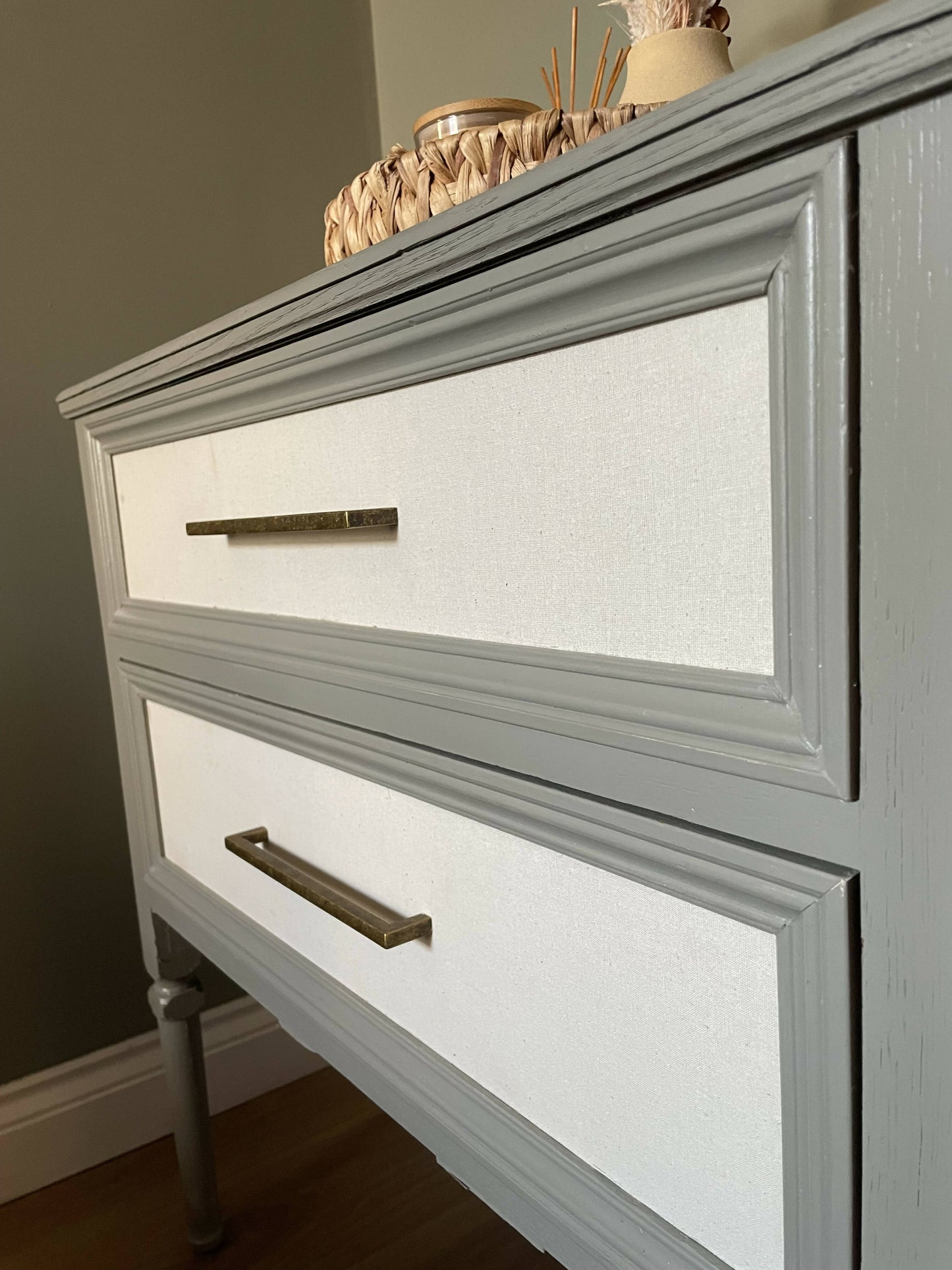 Mushroom Green Console with Hessian Drawers