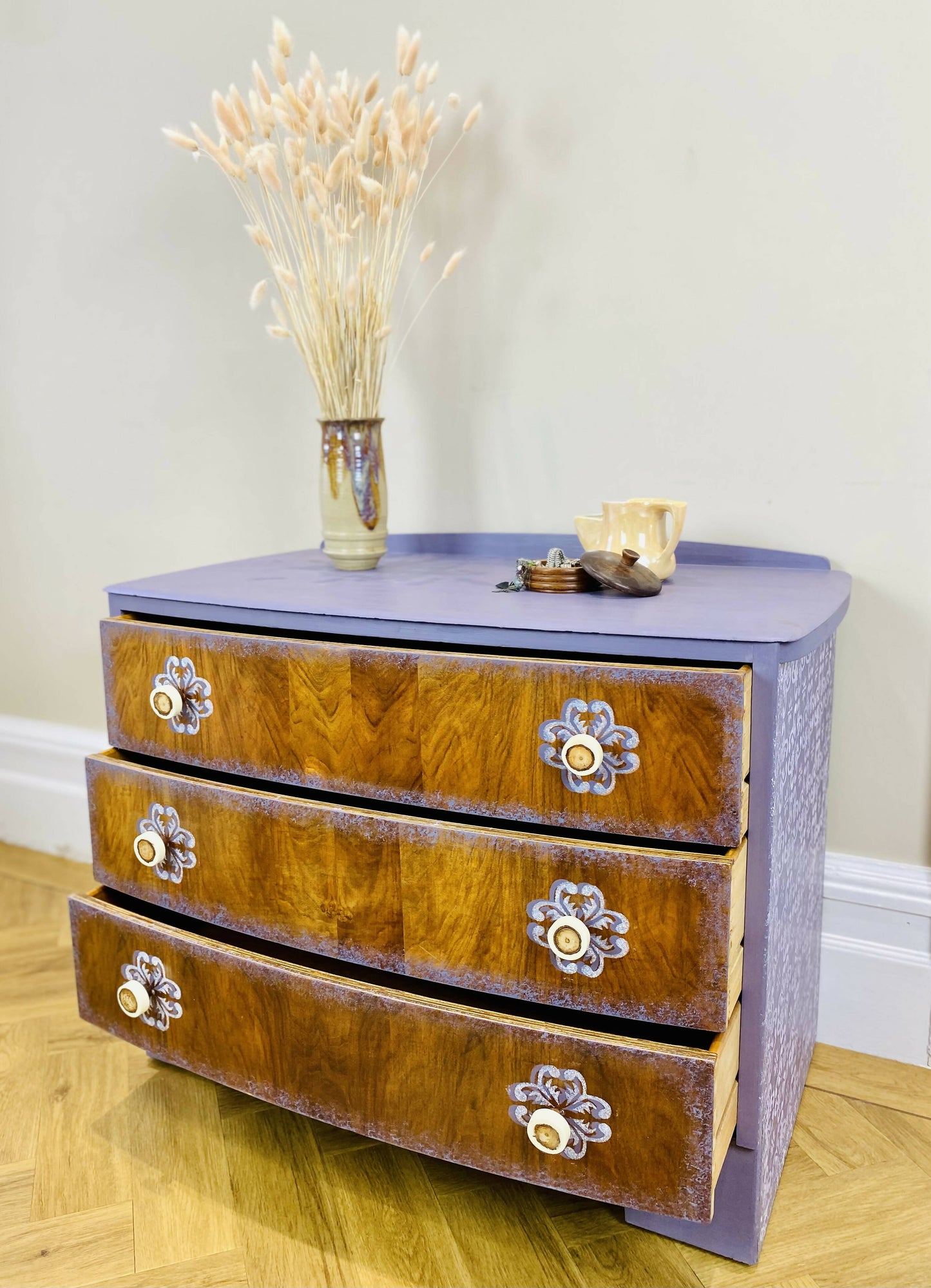 Chest of drawers. Bespoke purple mix with beautiful hand painted flower detail. Unique wooden handles