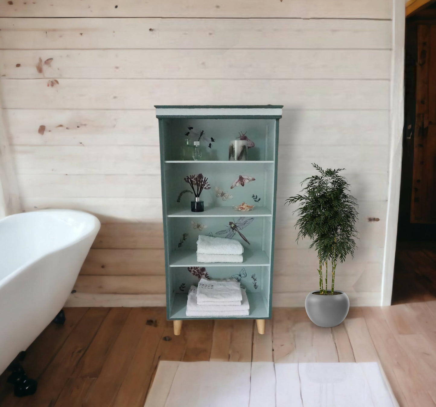 Wooden Shelving Unit with 4 Shelves Decorated with Butterflies and Dragonflies