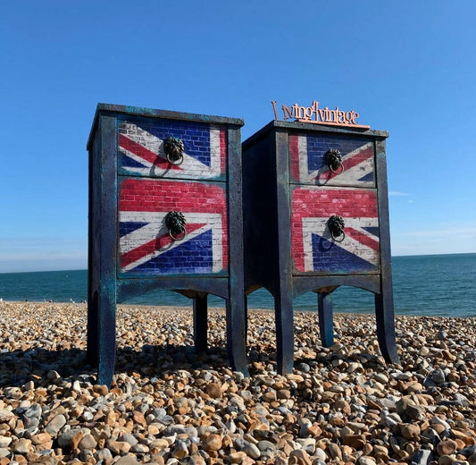 Pair Bedside Tables Union Jack Furniture Grungy Texturized Blue Bedside Cabinets Decoupaged Cabinets