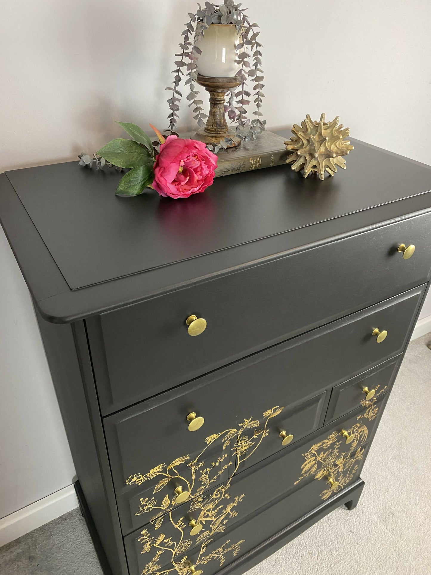 Stag tallboy drawers, black and gold stag chest of drawers, vintage chest of drawers