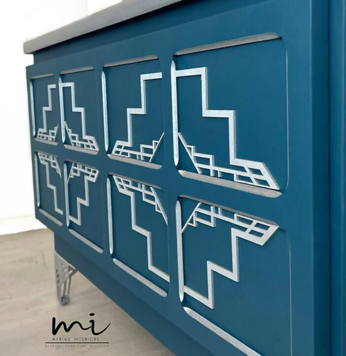 Refurbished Nathan sideboard, teal blue silver retro tv media unit, cocktail drinks cabinet