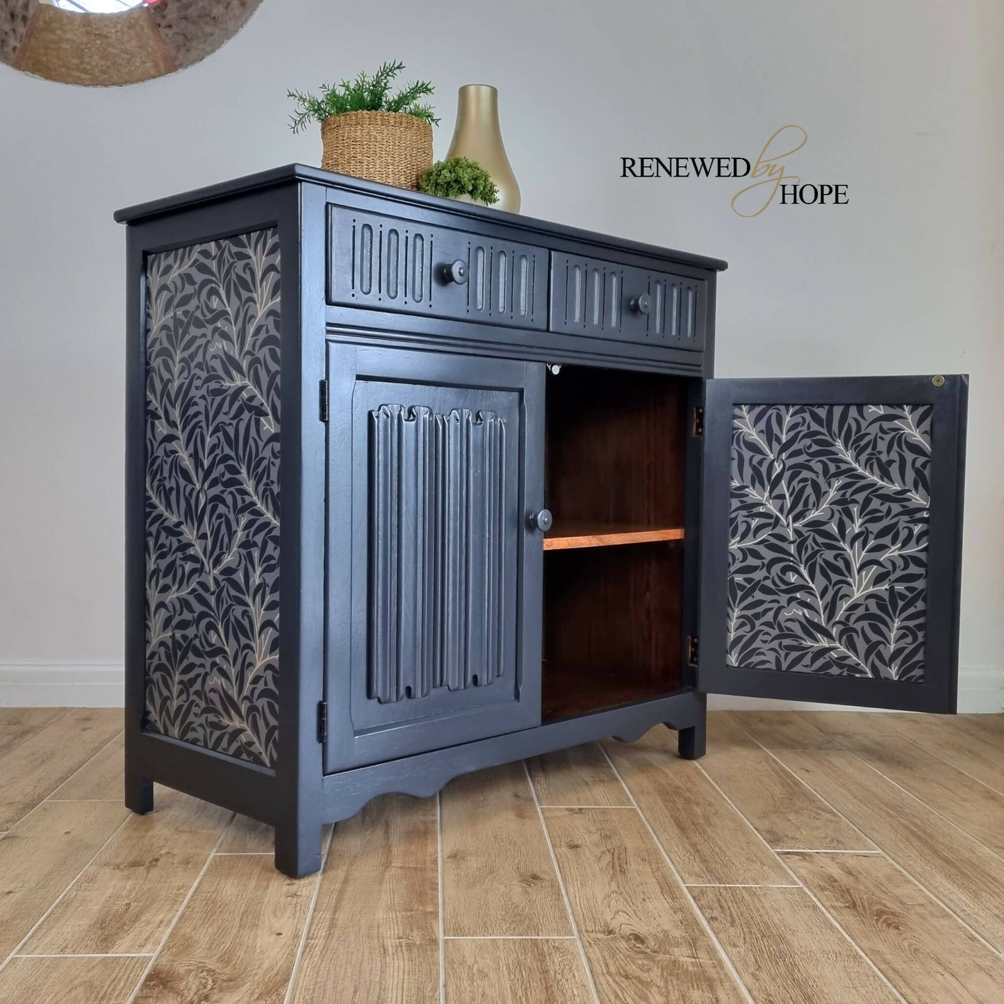 MADE TO ORDER - Oak Sideboard, Linenfold Paneling, off Black Sideboard, William Morris Wallpaper, Wallpapered Furniture,