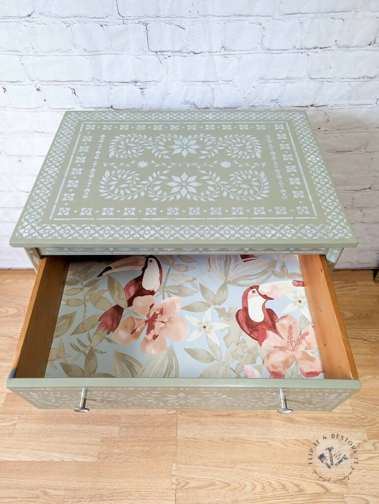 Faux Bone Inlay Stencil Hand-Painted Vintage Chest of Drawers, Pearlescent MADE TO ORDER