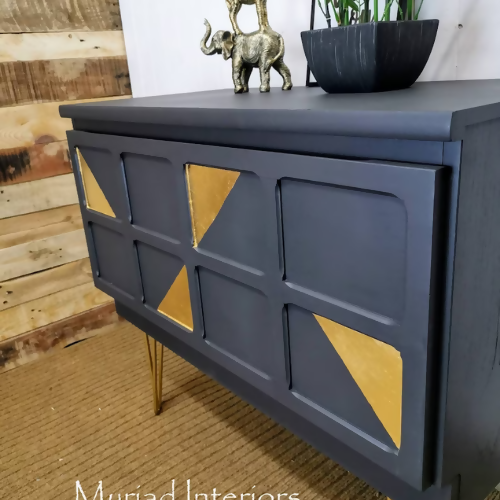 Mid Century Nathan Sideboard, console, cocktail cabinet, storage, cupboard. Dark grey and gold metal leaf, hairpin legs