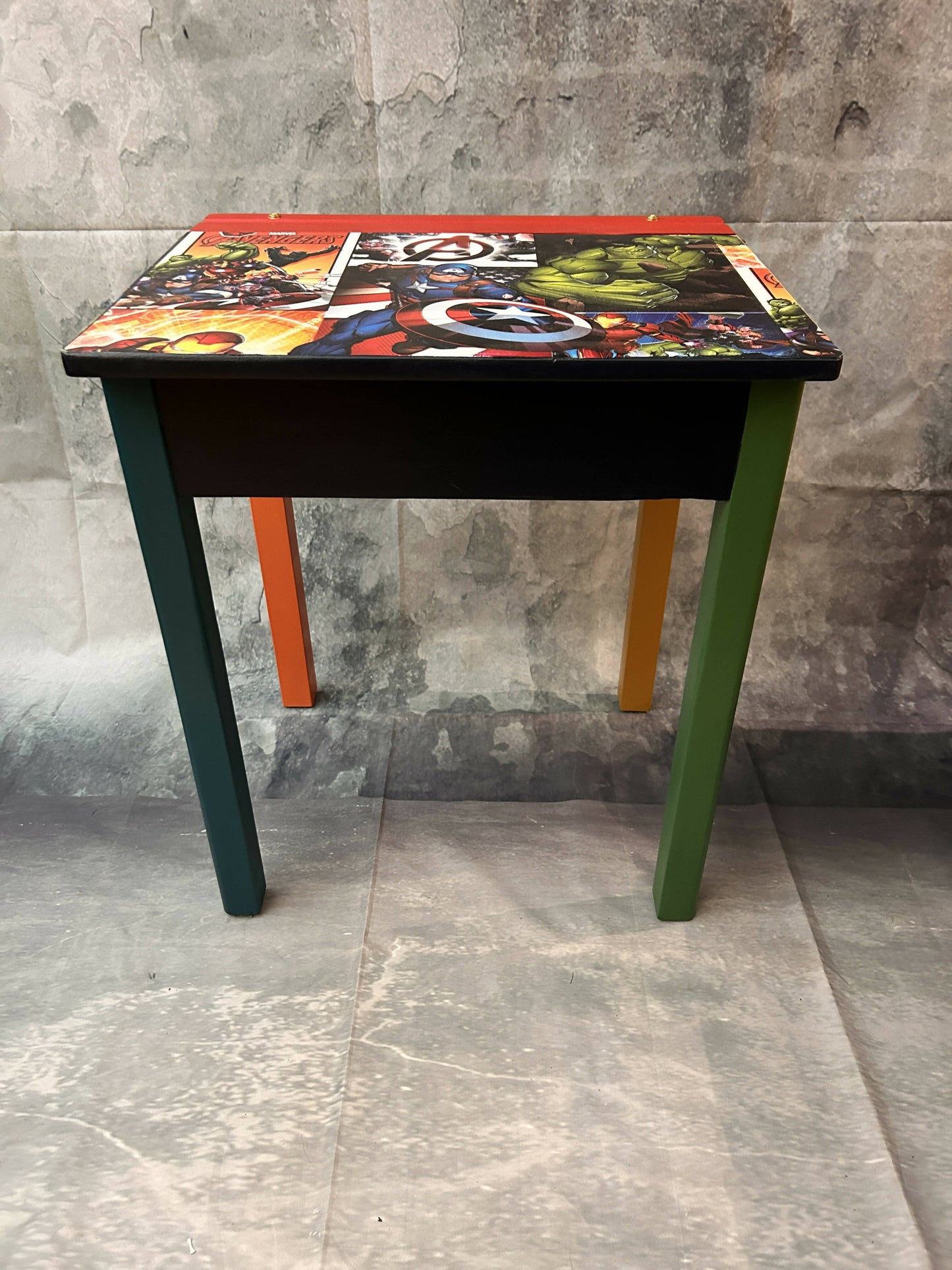 Old style School Desk up cycled with Funky Marvel Design