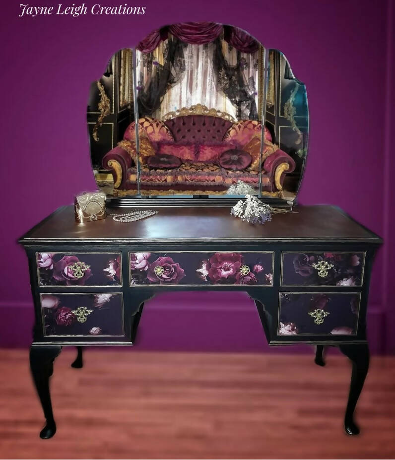 SOLD Black Floral Vintage Dressing Table